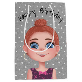 漫画誕生日ガールオン水玉模様 ミディアムペーパーバッグ