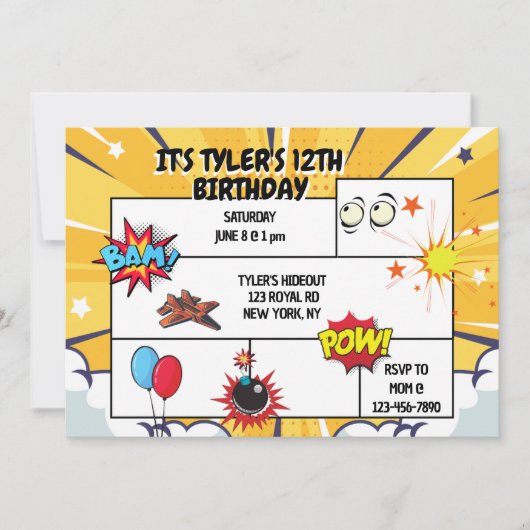 漫画誕生日パーティーへの招待 招待状 (正面)