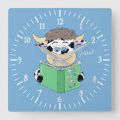 漫画読の牛の少年の青い四角い壁時計 スクエア壁時計 (正面)