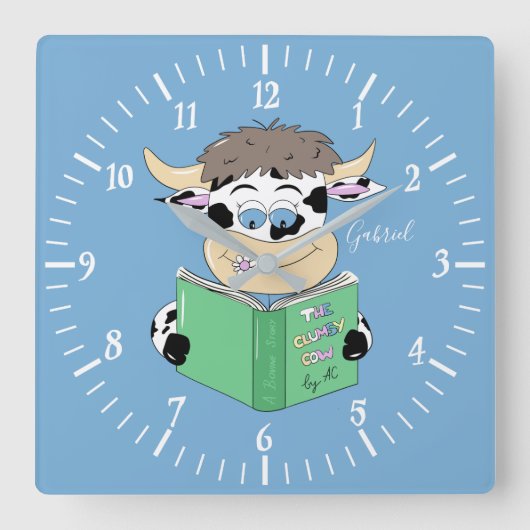 漫画読の牛の少年の青い四角い壁時計 スクエア壁時計 (正面)