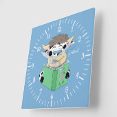 漫画読の牛の少年の青い四角い壁時計 スクエア壁時計 (傾斜)