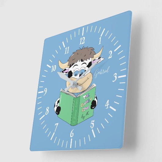 漫画読の牛の少年の青い四角い壁時計 スクエア壁時計 (傾斜)