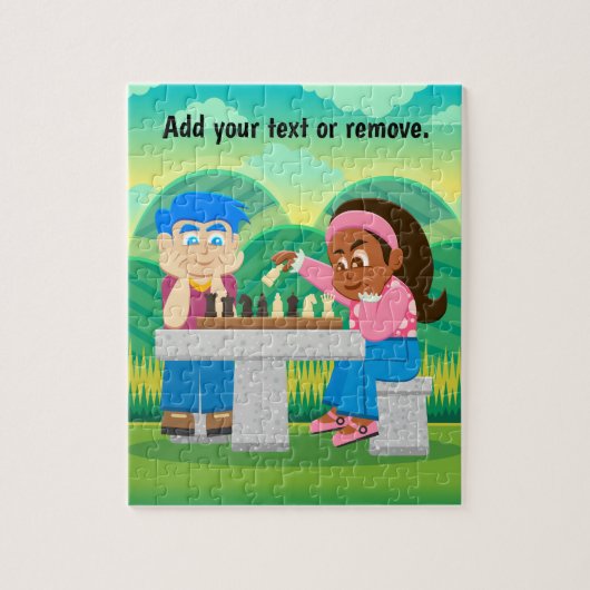漫画、少年と黒人の女の子遊のチェスアウトドア。 ジグソーパズル (縦)