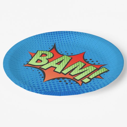 漫画BAM！を青い背景で予約 ペーパープレート (アングル)