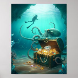 潜水夫は、海の生き物に守られている宝物を見つける ポスター