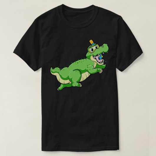 潜水用ゴーグルで泳ぐ恐竜 Tシャツ (デザイン正面)