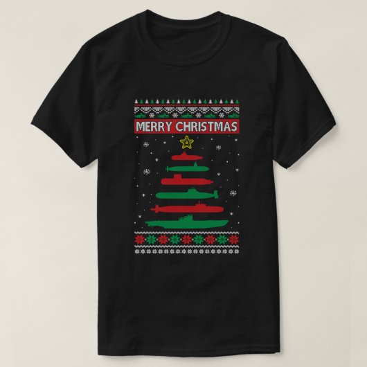潜水艦軍隊ツリーおもしろいクリスマス醜いクリスマス Tシャツ (デザイン正面)