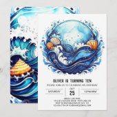 潮の海岸の子供の誕生日 招待状 (正面/裏面)