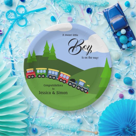 潮朝汽車ランドスケープ男の子の赤ちゃんシャワー ペーパープレート (パーティー)