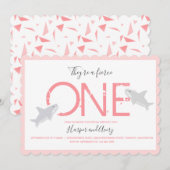 激かわピンクツインズサメ動物ファーストバースデー 招待状 (正面/裏面)