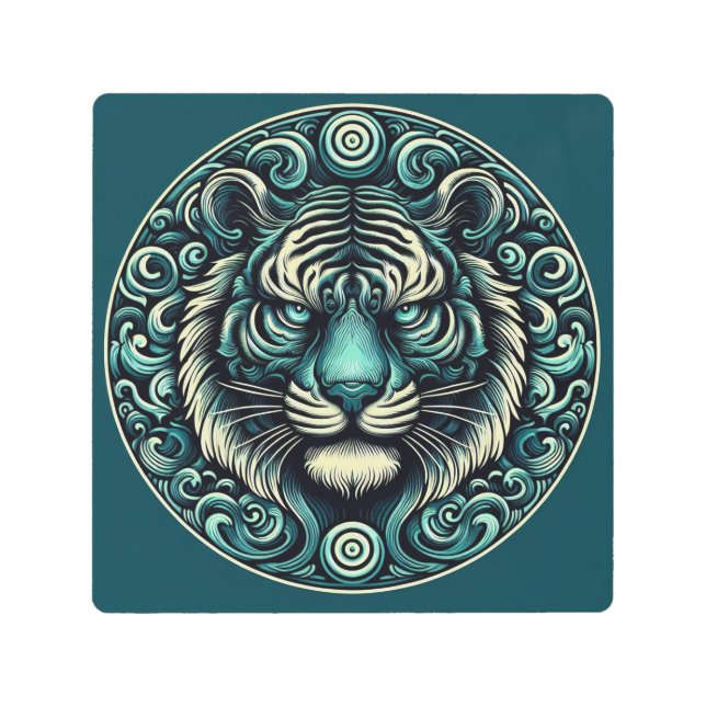 激しいティール（緑がかった色）虎 メタルプリント (正面)