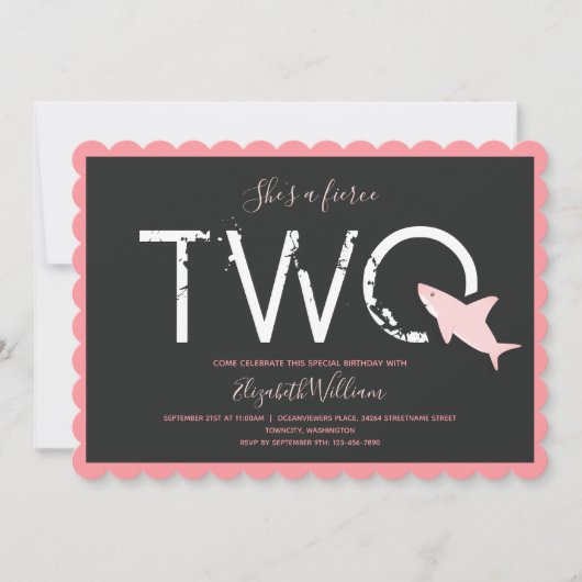 激しいピンクのサメはっきりした動物の第2の誕生日 招待状 (正面)