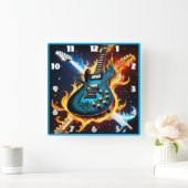 激しいミュージカル爆発の中のエレキギター スクエア壁時計 (ホーム)