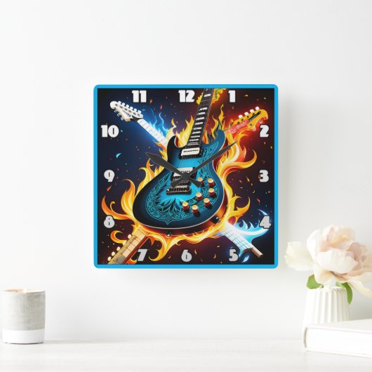 激しいミュージカル爆発の中のエレキギター スクエア壁時計 (ホーム)