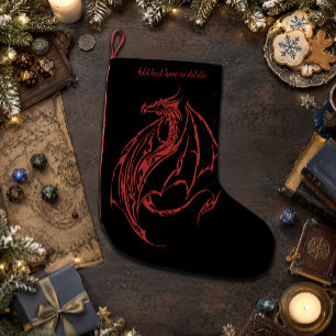 激しいレッドトライバルドラゴンのシルエット ファンタジー スモールクリスマスストッキング