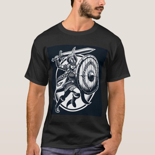 激しいヴァルキリー戦士 – 北欧神話ラインアート Tシャツ (正面)