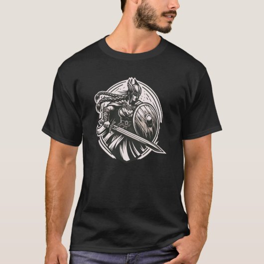 激しいヴァルキリー戦士 – 北欧神話ラインアート Tシャツ (正面)
