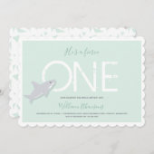 激しい一緑の白いサメ動物第一誕生日 招待状 (正面/裏面)