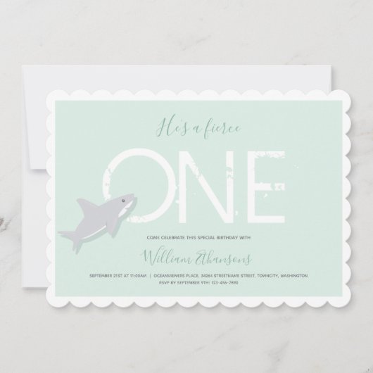 激しい一緑の白いサメ動物第一誕生日 招待状 (正面)