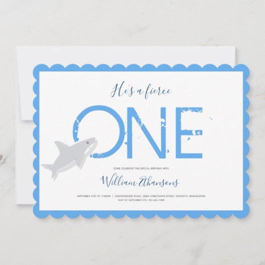 激しい一青の白いサメ動物第一誕生日 招待状 (正面)