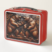 激しい動きでギリギリした革 メタルランチボックス (正面)