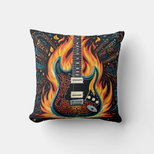 激しい炎の中でギターが燃え上がる クッション (正面)