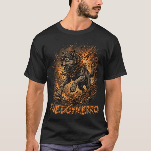 激しい狼が鎖を断ち切る 炎と鉄のモチベーション Tシャツ (正面)