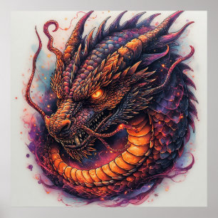 激しい目つきのドラゴンの頭部 ファンタジーアートプリント ポスター