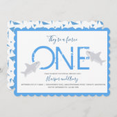 激しい1ブルーツインズシャークアニマルファースト誕生日 招待状 (正面/裏面)