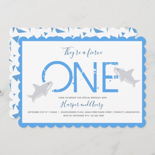 激しい1ブルーツインズシャークアニマルファースト誕生日 招待状 (正面/裏面)