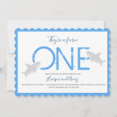 激しい1ブルーツインズシャークアニマルファースト誕生日 招待状 (正面)