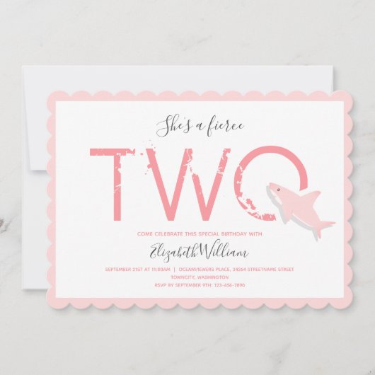 激しい2ピンクサメ動物の第2誕生日 招待状 (正面)