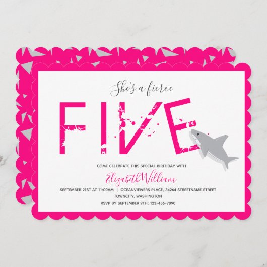 激しい5熱いピンクのサメ動物5位 招待状 (正面/裏面)