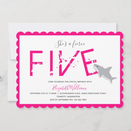 激しい5熱いピンクのサメ動物5位 招待状 (正面)
