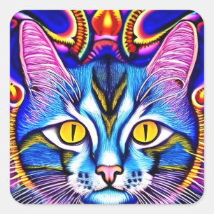 激カラフルしい目を持つ青ネコAi Art スクエアシール