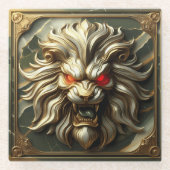 激怒の赤い目を持つ獰猛な金獅子 ガラスコースター (正面)