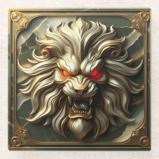 激怒の赤い目を持つ獰猛な金獅子 ガラスコースター (正面)