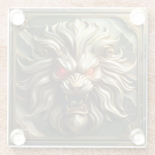 激怒の赤い目を持つ獰猛な金獅子 ガラスコースター (裏面)