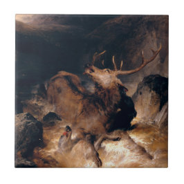 激流の中でシカと猟犬 タイル