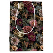 濃いお洒落ムーディミュートされたピンクと緑のフローラ ミディアムペーパーバッグ (正面)