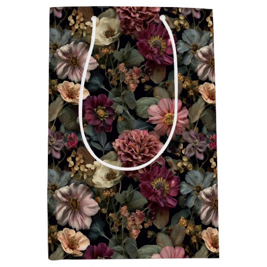 濃いお洒落ムーディミュートされたピンクと緑のフローラ ミディアムペーパーバッグ (正面)