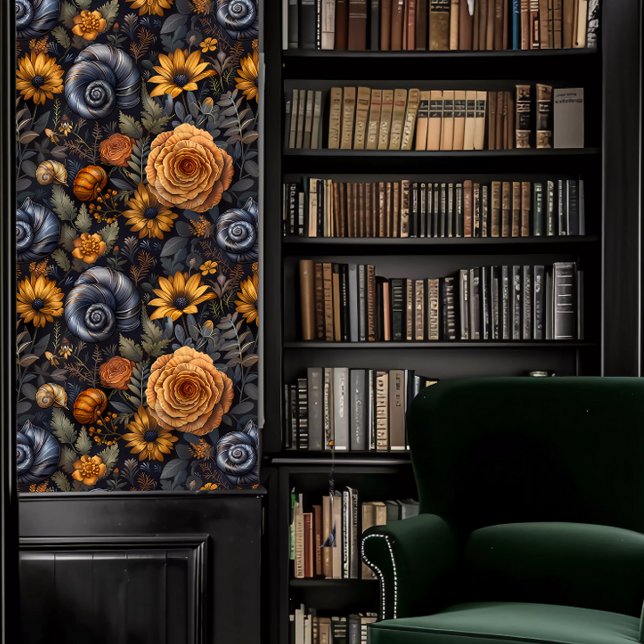濃いアカデミカタツムリと青と桃の花 壁紙 (Dark Academia Snails with Blue & Peach Flowers Wallpaper in a library.)