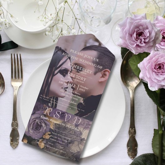 濃いエレガントゴシック紫色のフローラバラ写真 オールインワン招待状