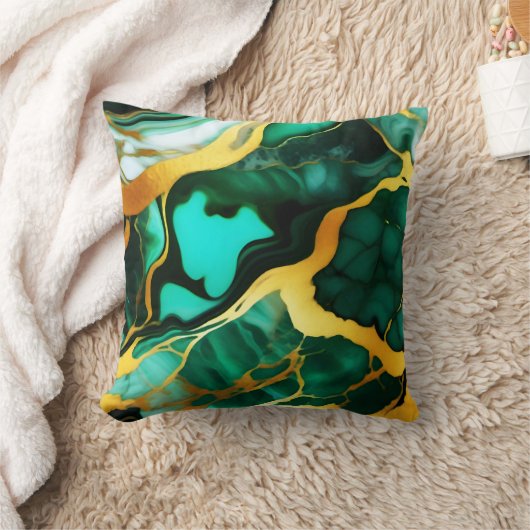 濃いエレガント緑の黄金の黄色フェイク大理石 クッション (ブランケット)