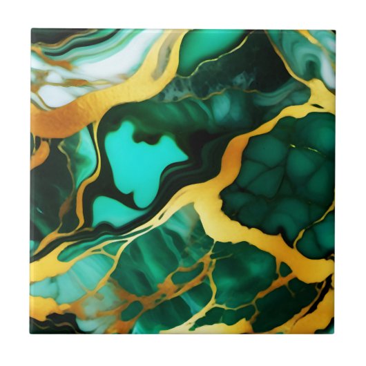 濃いエレガント緑の黄金の黄色フェイク大理石 タイル (正面)