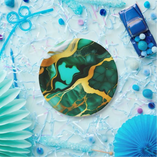 濃いエレガント緑の黄金の黄色フェイク大理石 ペーパープレート (パーティー)