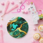 濃いエレガント緑の黄金の黄色フェイク大理石 ペーパープレート (パーティー)