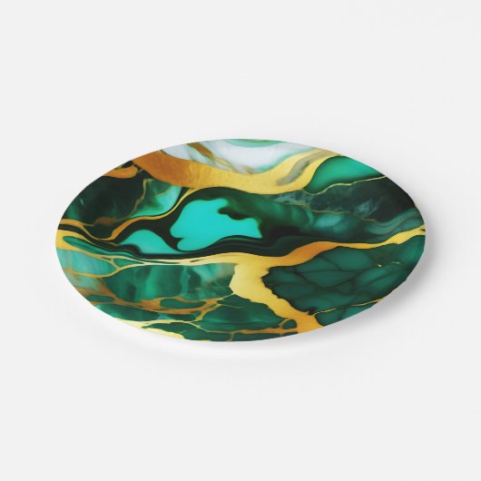 濃いエレガント緑の黄金の黄色フェイク大理石 ペーパープレート (アングル)