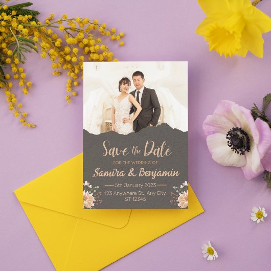 濃いオレンジ色のミニマルな写真 ウェディング セーブザ 招待状