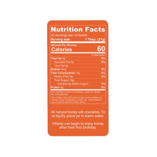 濃いオレンジ色の蜂蜜の栄養ファクト製品 ラベル (正面)